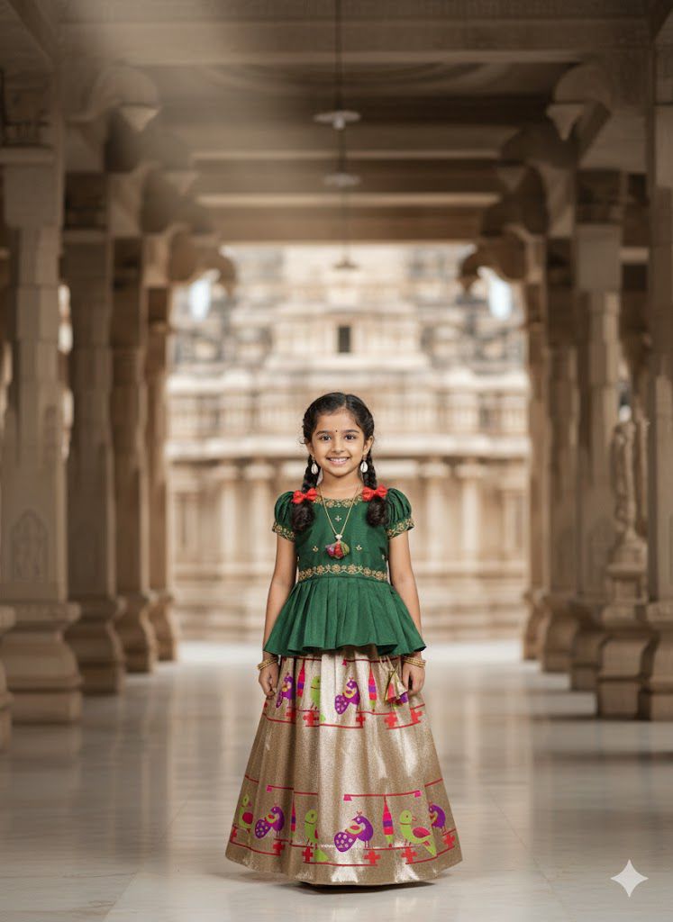 Dark green and gold traditional outfit standing in a temple hallway.