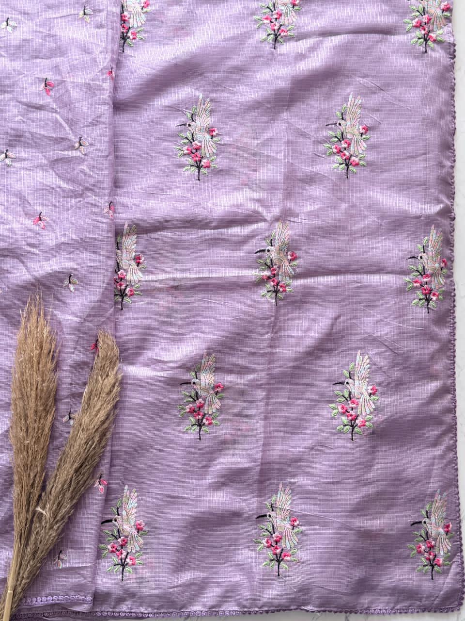 Lavender fabric with floral embroidery 