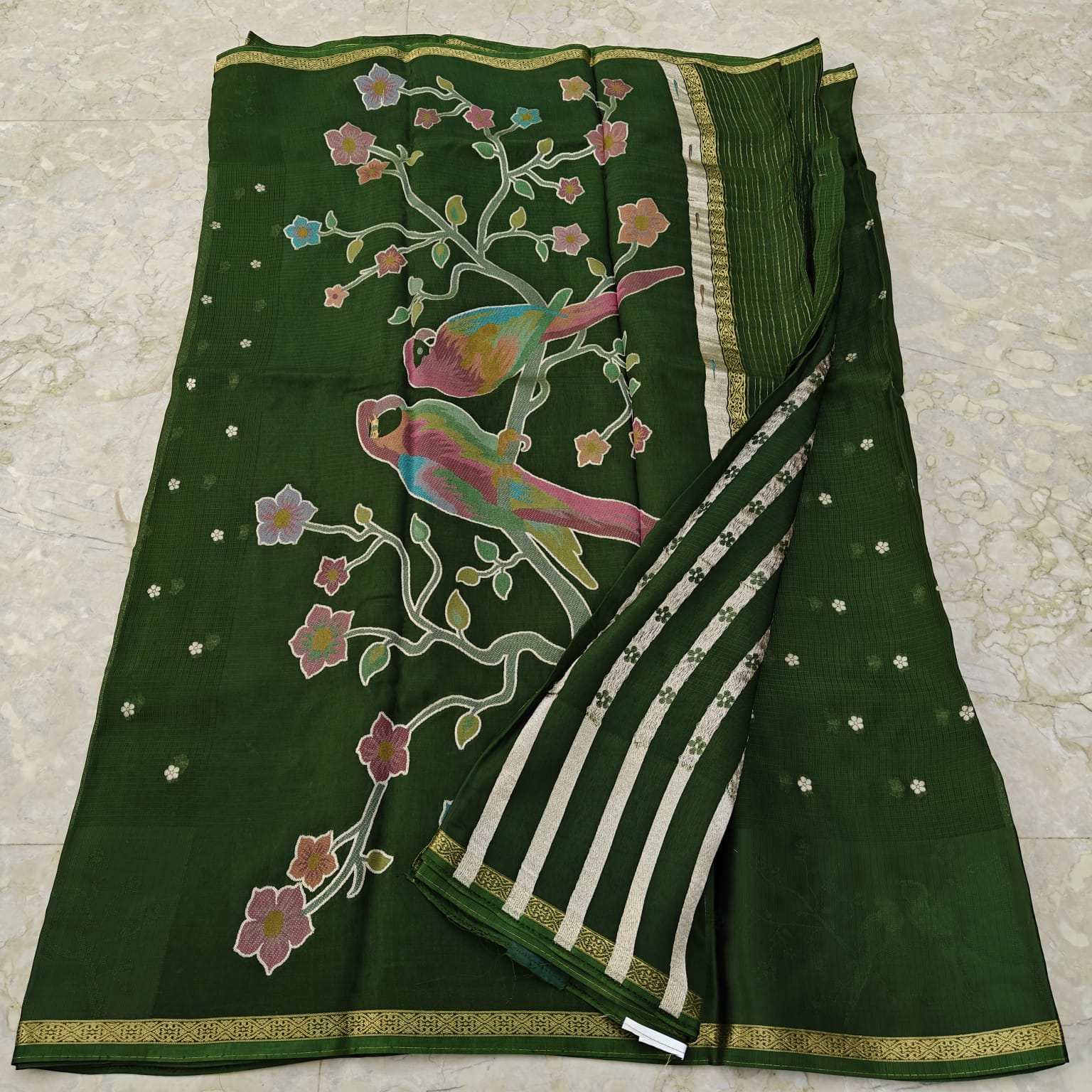 Bottle Green saree with bird and floral patterns 