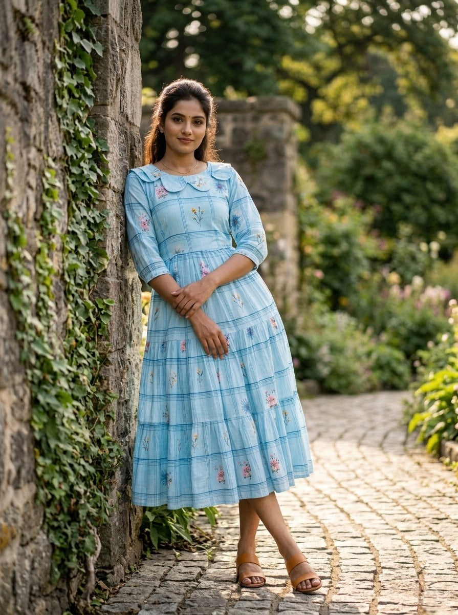 Sky blue frock with floral patterns 