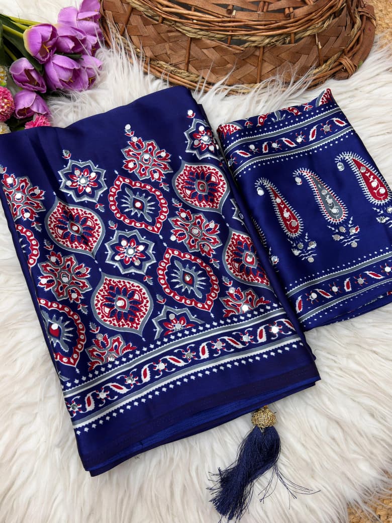 Royal blue saree with floral design 
