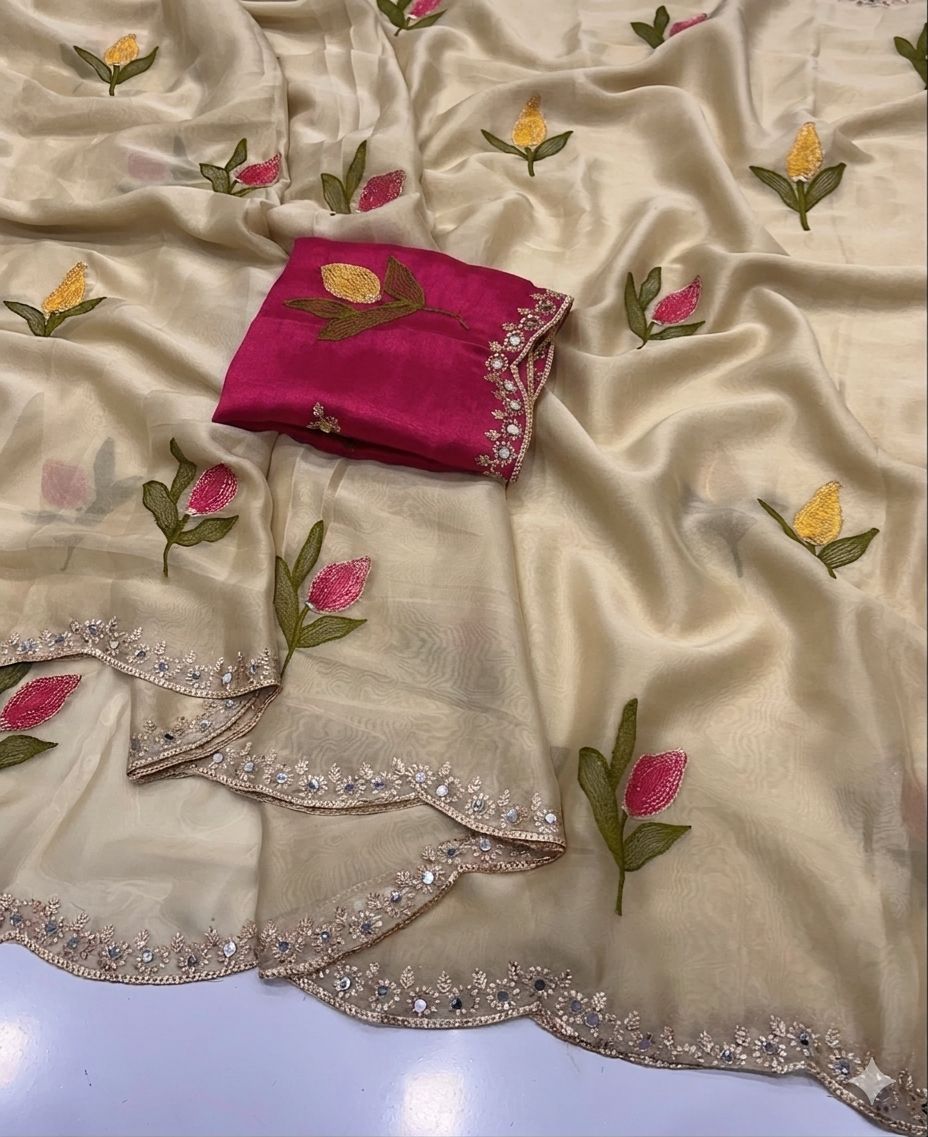 Beige saree with floral embroidery and a  blouse on a background