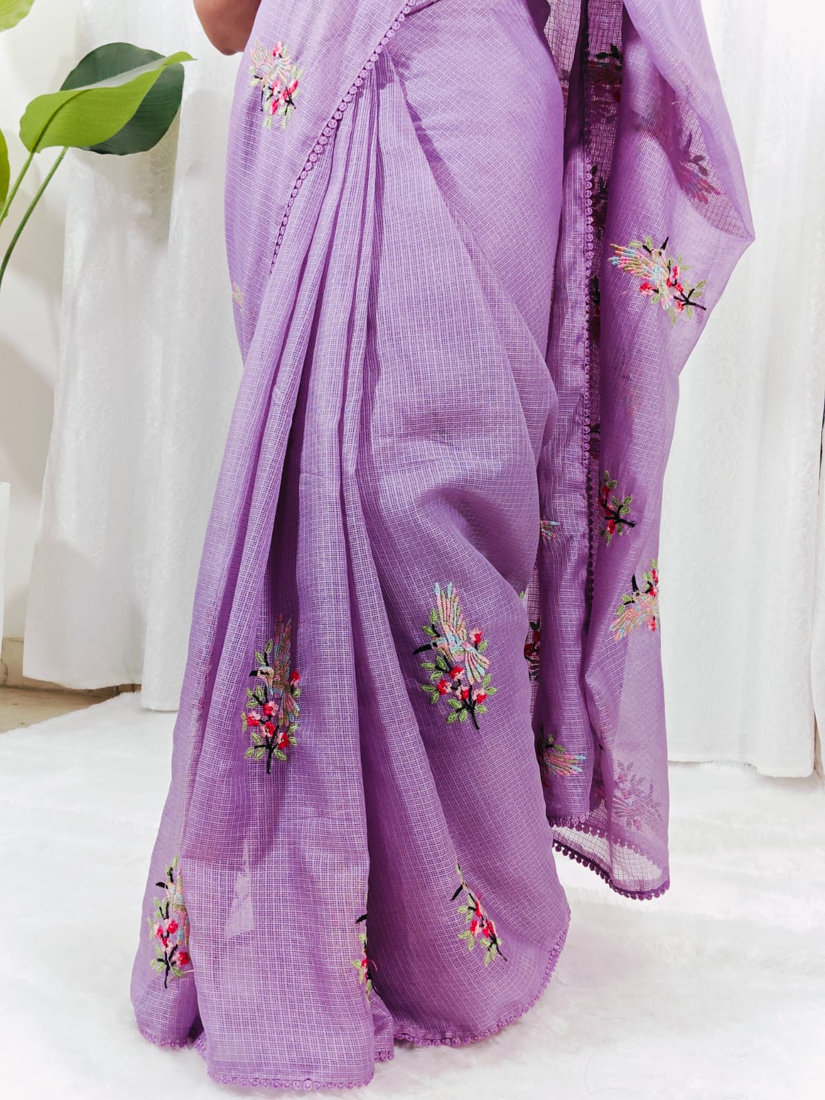 Lavender  saree with floral embroidery 