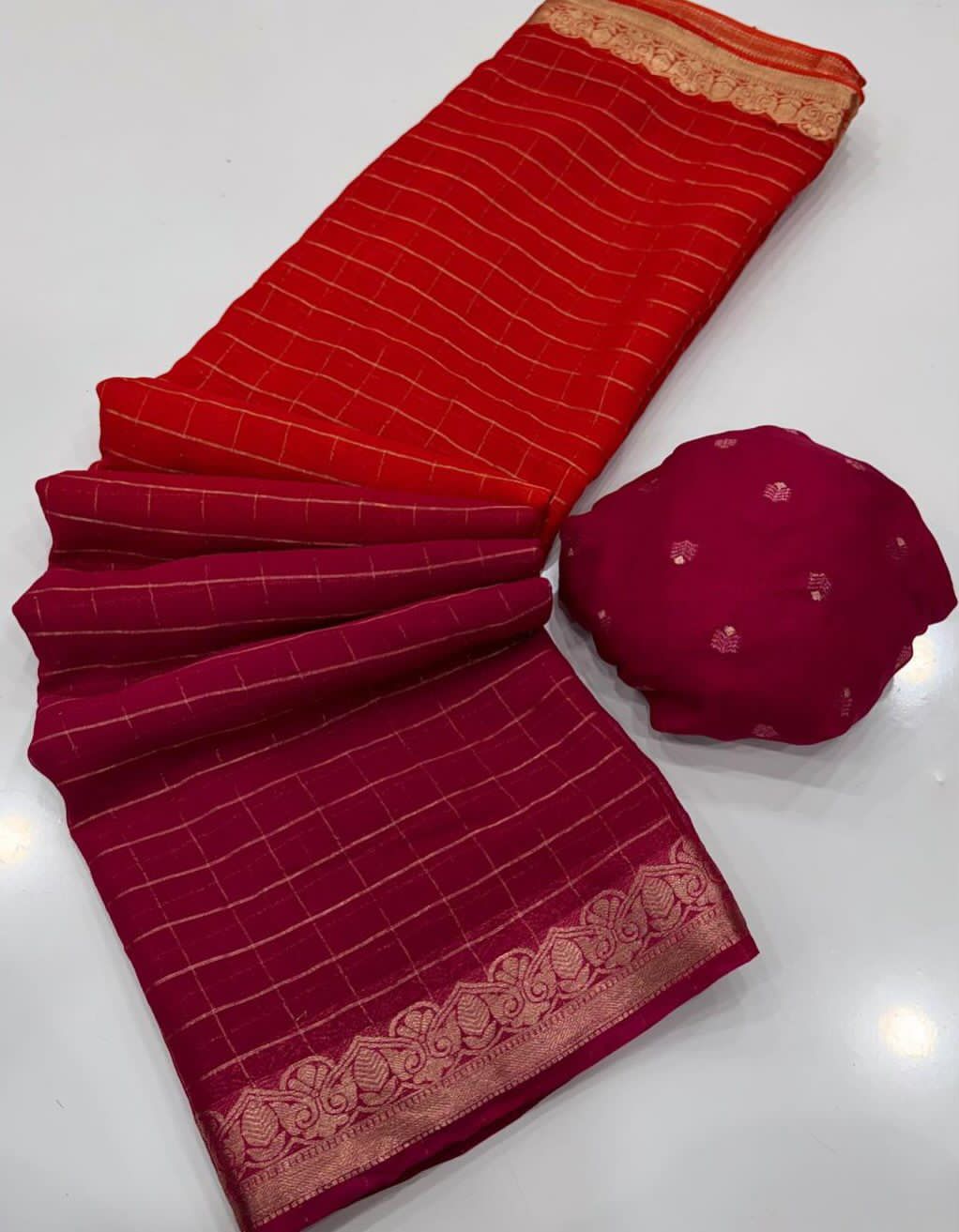 Rani pink & Red saree with gold border
