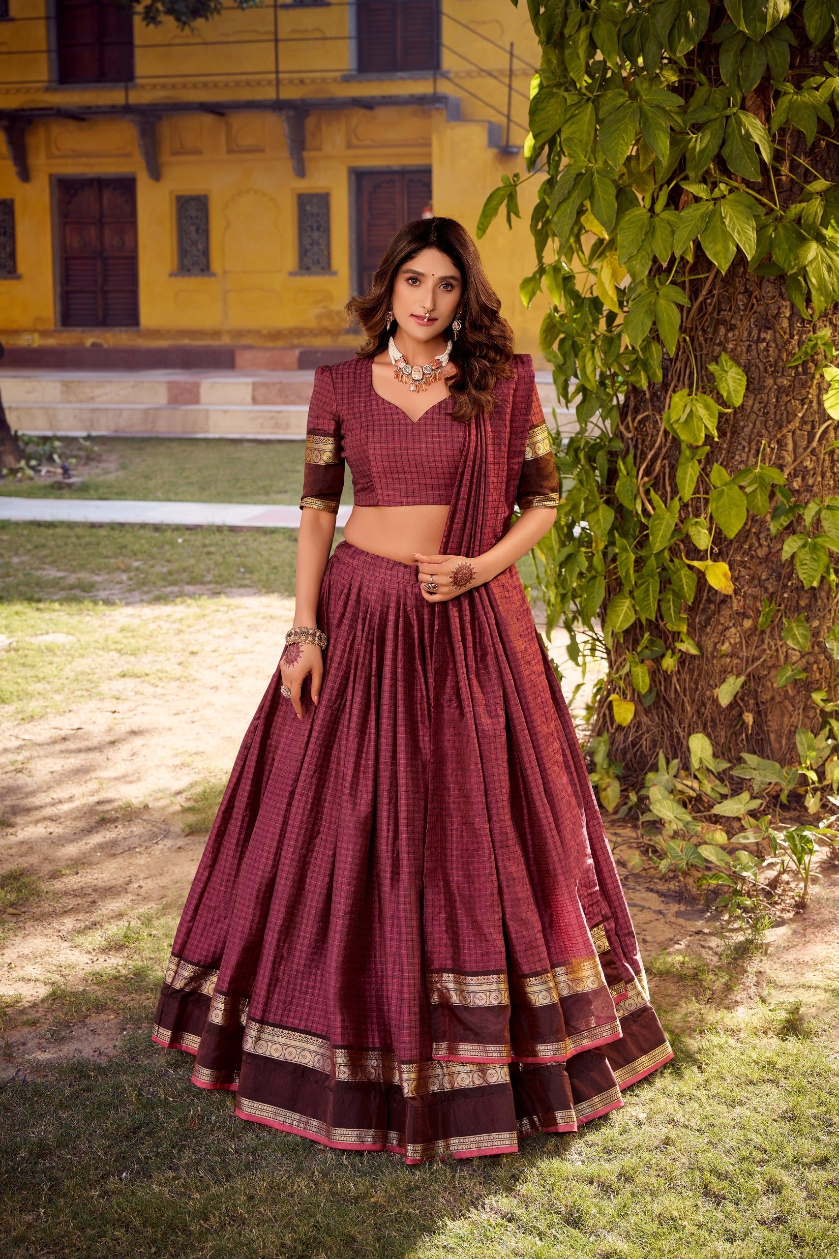  traditional maroon lehanga with gold border 