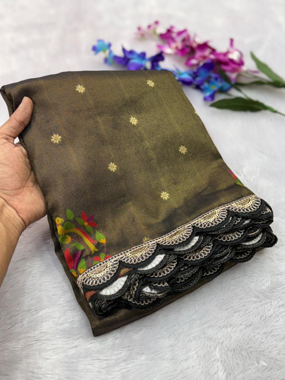 Olive Green fabric with floral patterns held by a hand on a light background