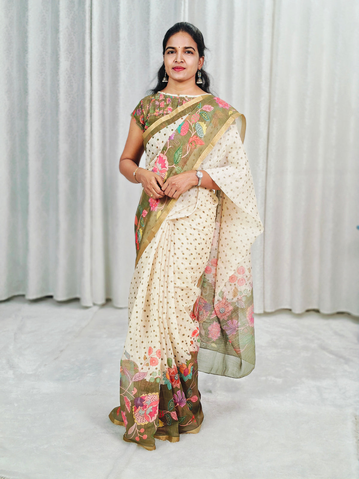 Green Linen digital print saree with matching stitched blouse