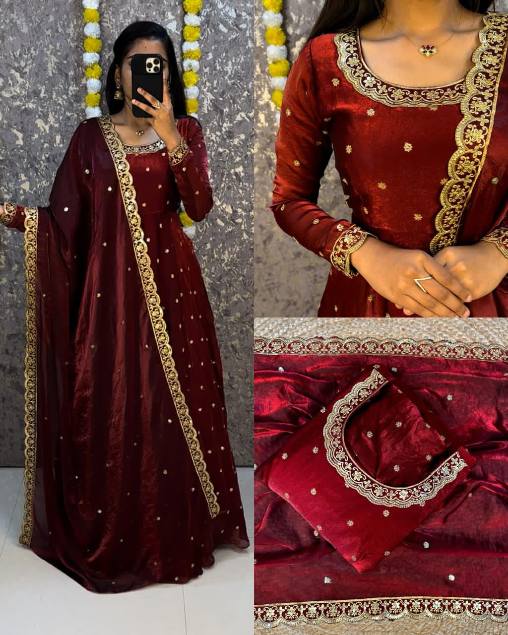 Maroon traditional outfit with gold embroidery and pearl details, displayed on a person and close-up of fabric.