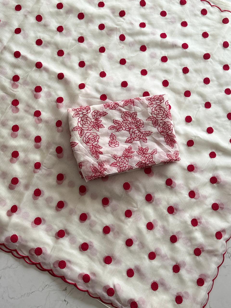 White with pink dots