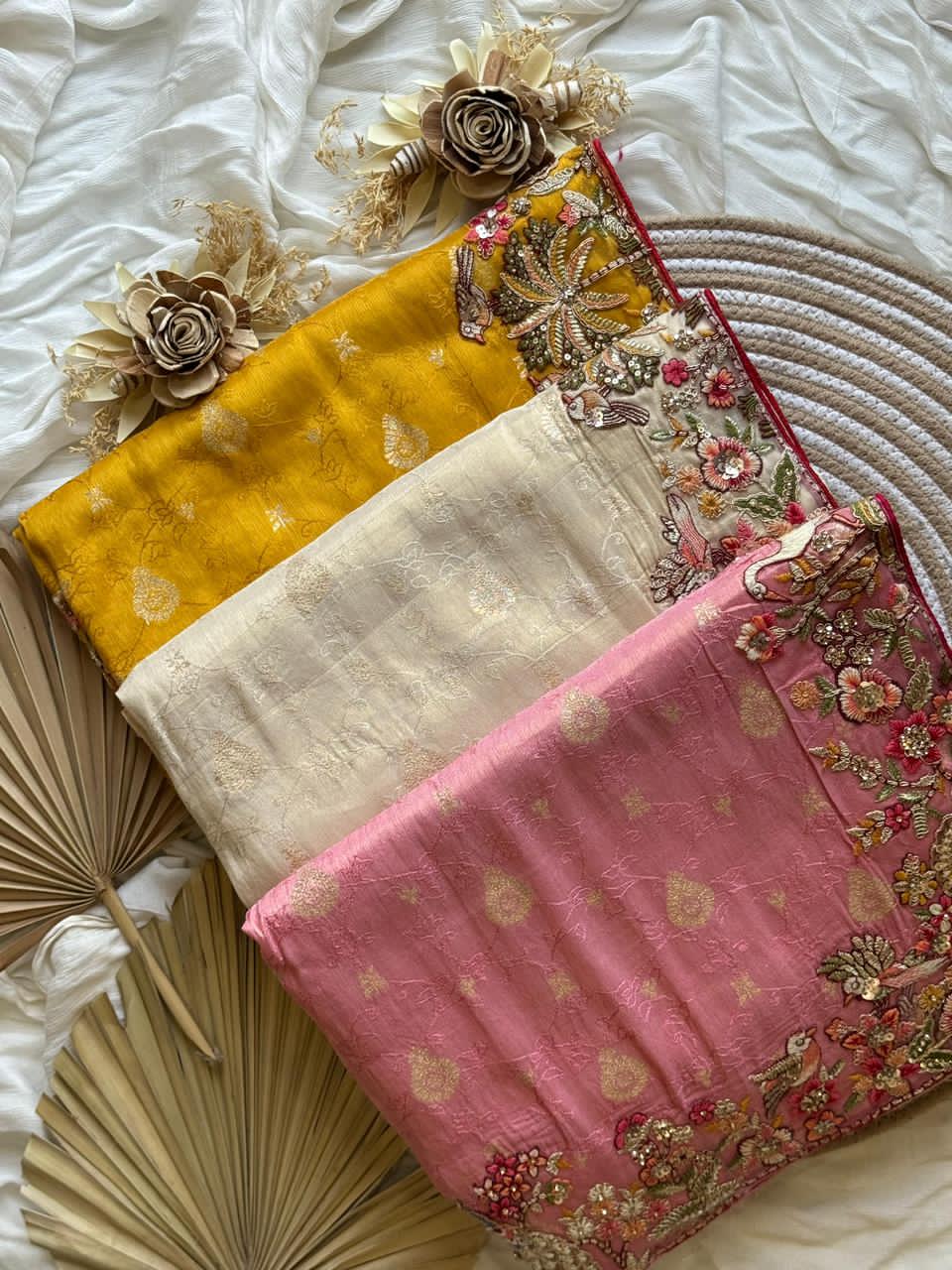 Yellow,baby pink, cream 