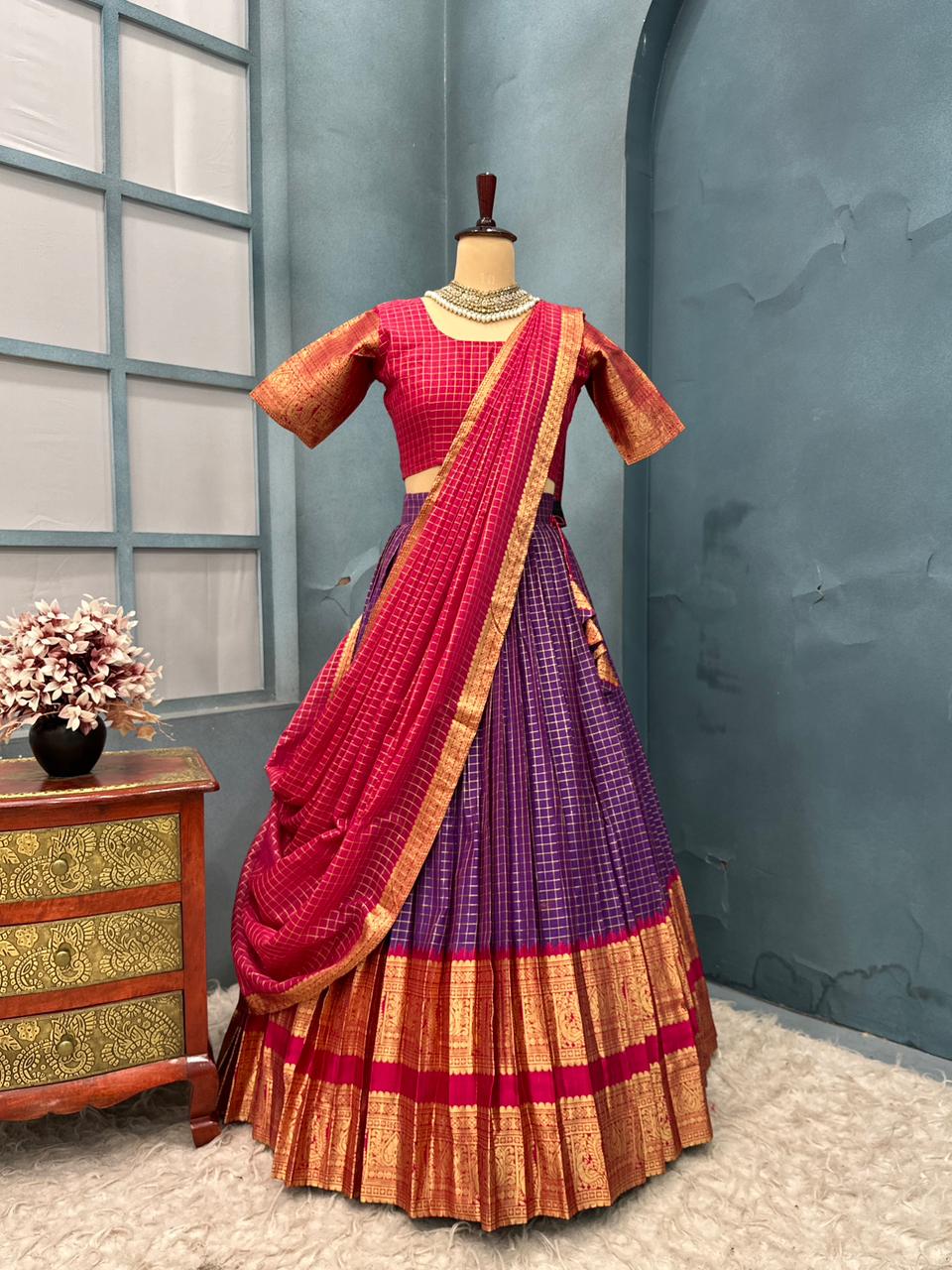 Pink and purple traditional outfit with gold border 