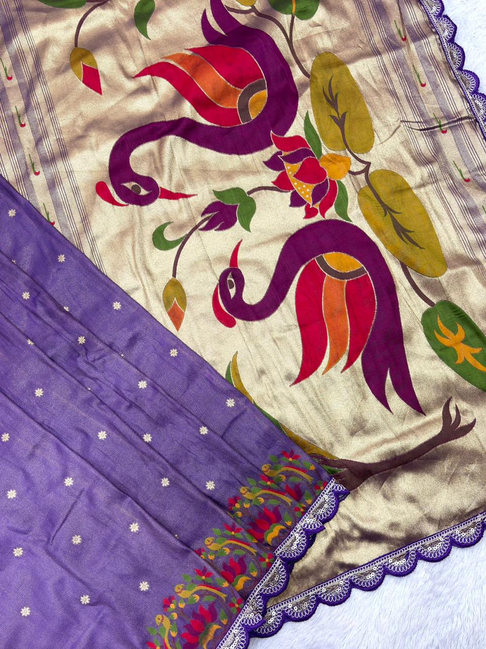 Colorful lavender fabric with bird design and border