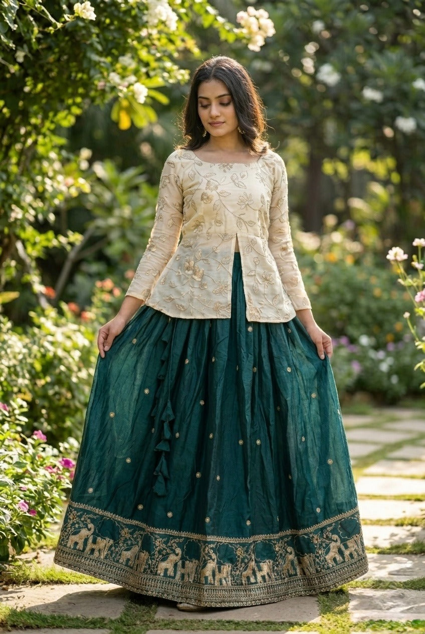 Woman in a dark green traditional outfit standing in a garden