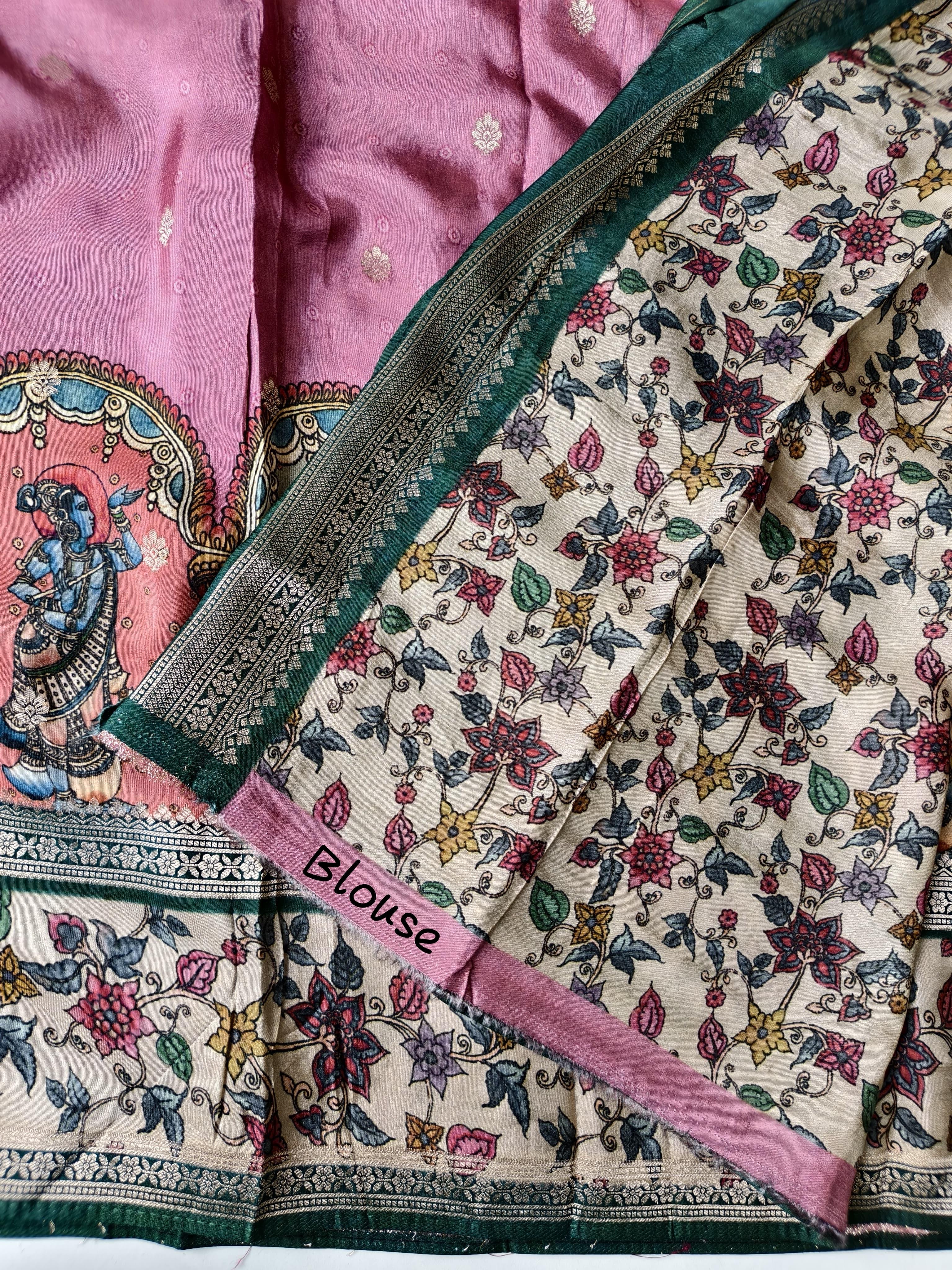 Close-up of a floral-patterned blouse with onion pink fabric and decorative border.