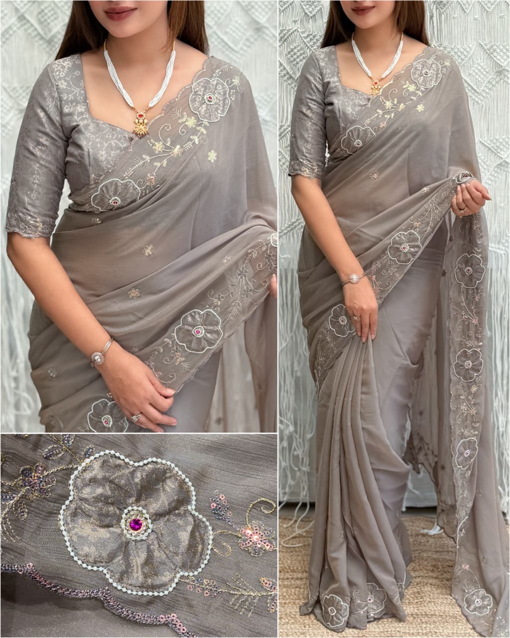 Gray colour saree with floral patterns 