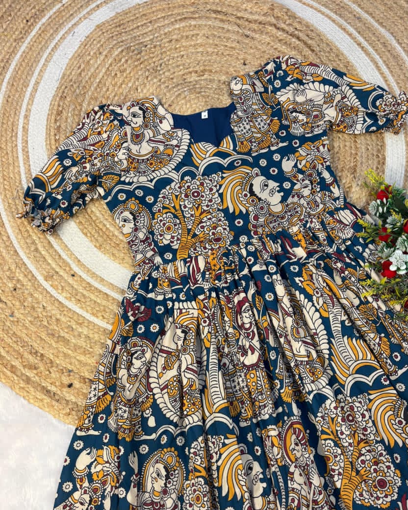 Navy blue patterned frock with intricate designs 