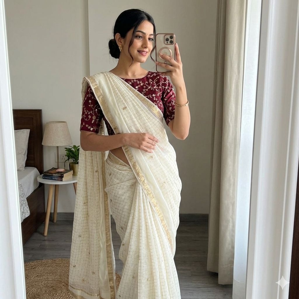 Cream colour Viscose georgette saree