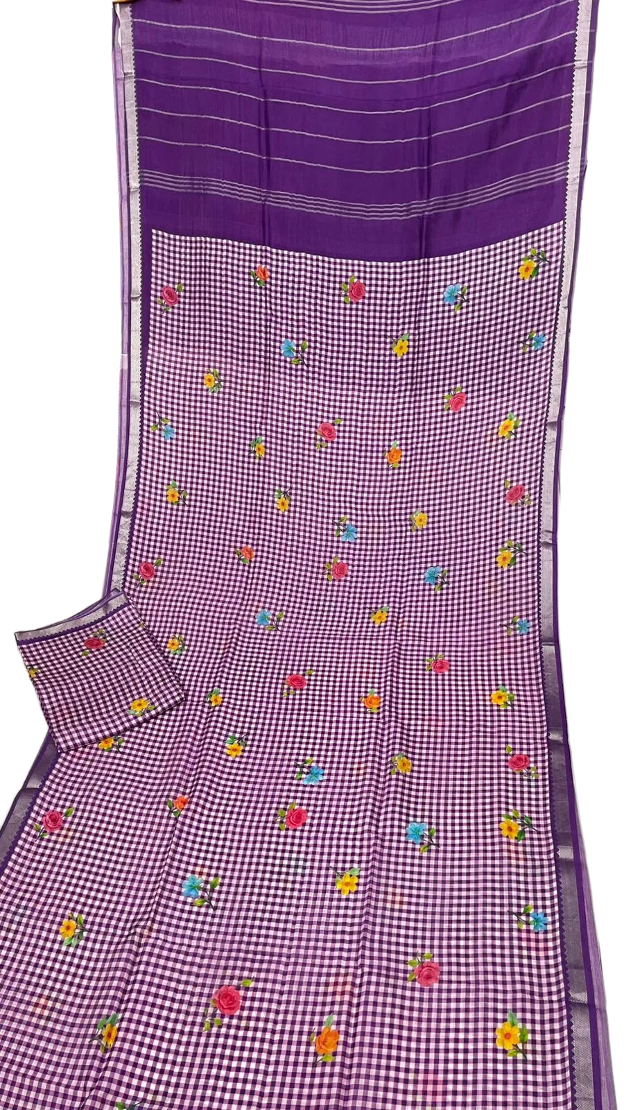 Purple colour Mangalagiri checks and floral saree