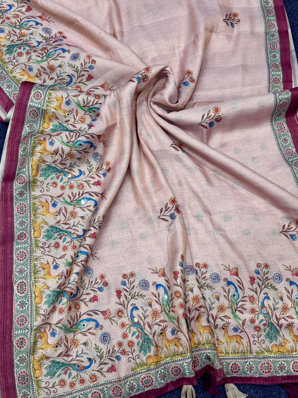 Blush Pink fabric with colorful floral and animal patterns