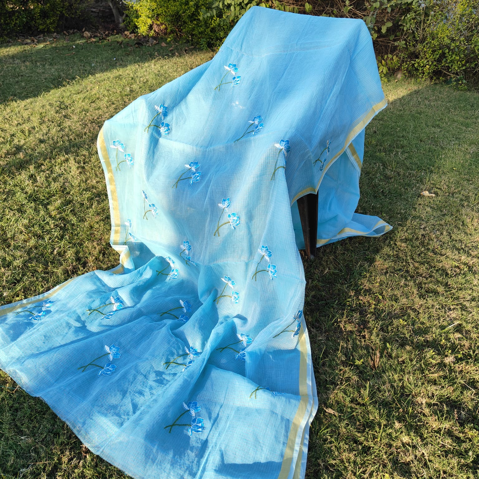 Sky blue saree with floral embroidery on a grassy background