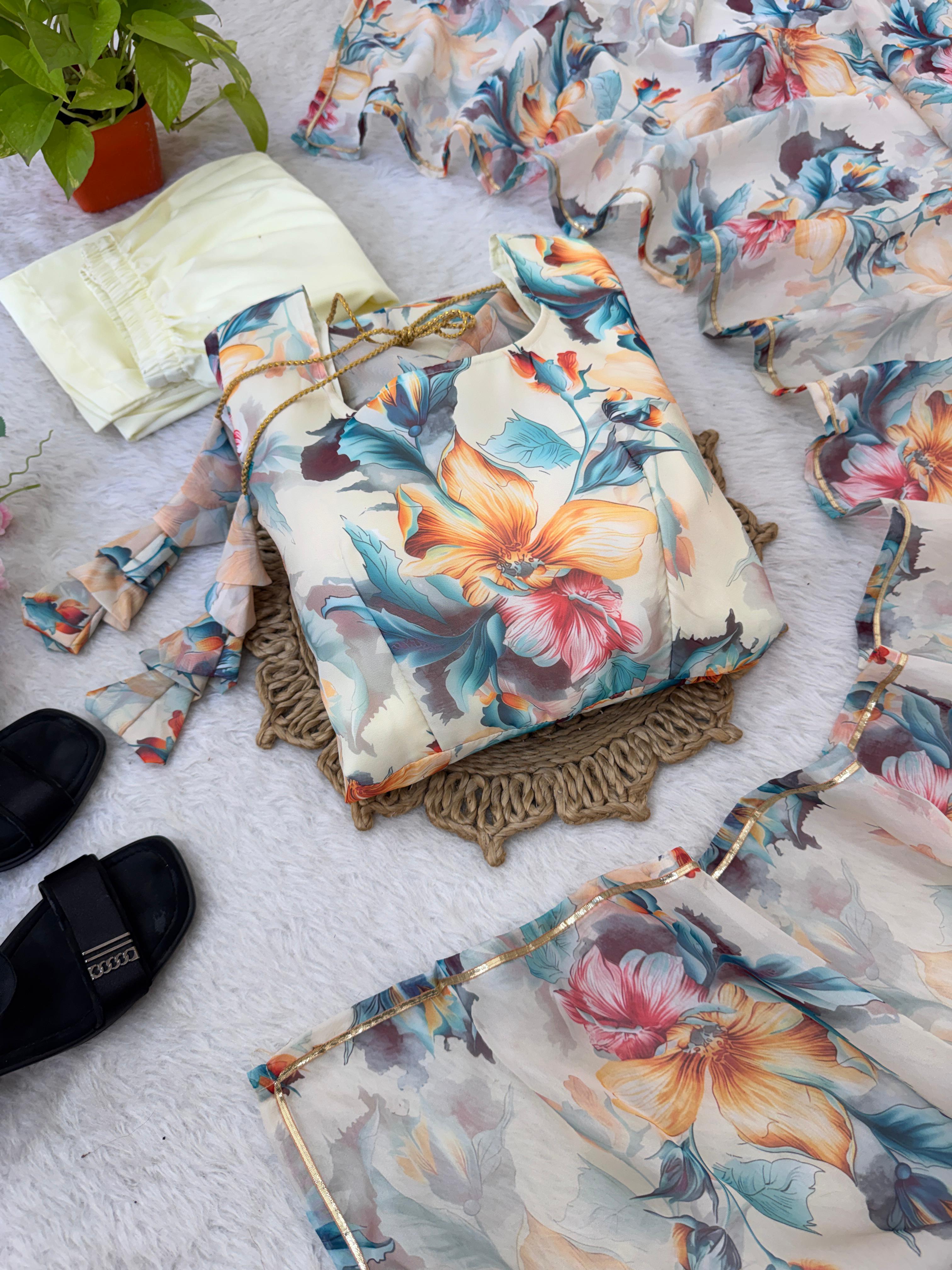 Beige Floral fabric with a plant and sandals on a textured surface