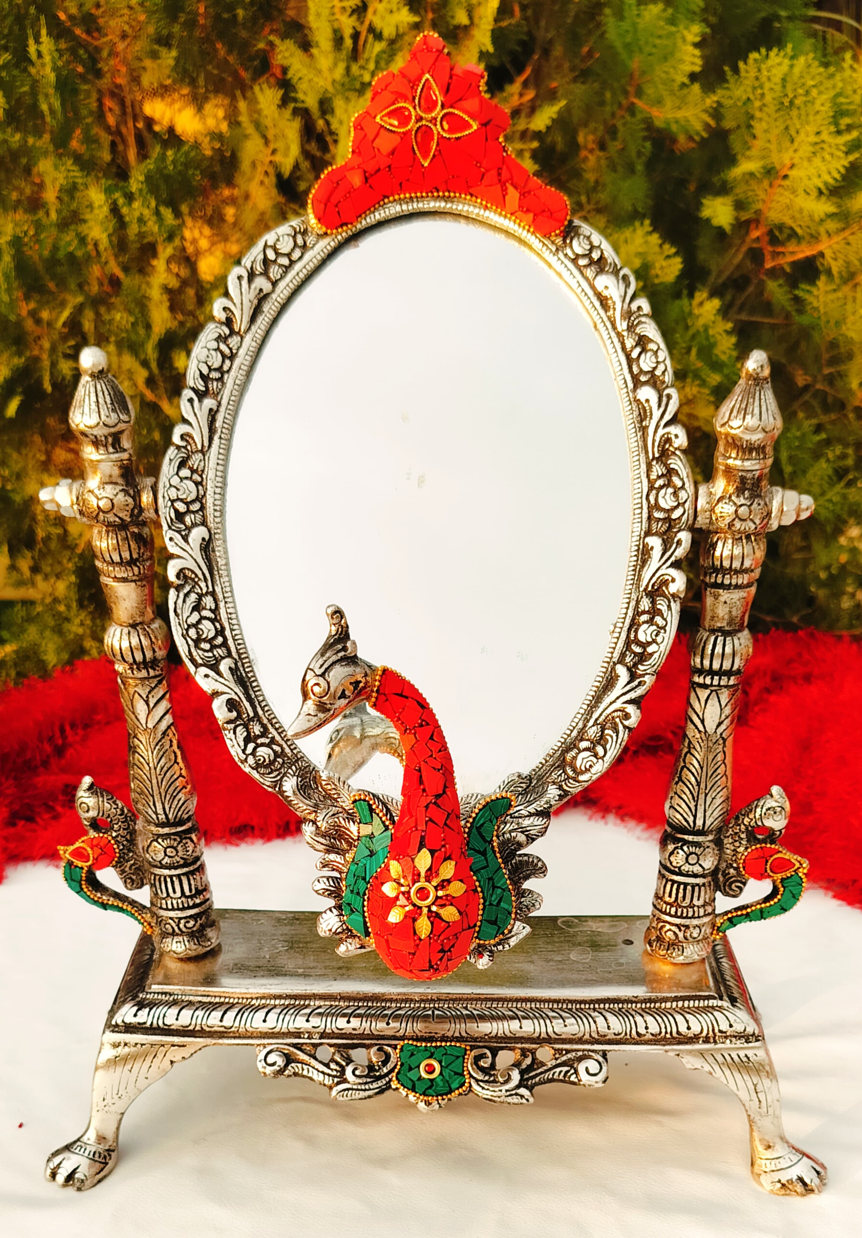 Antique german silver peacock table mirror