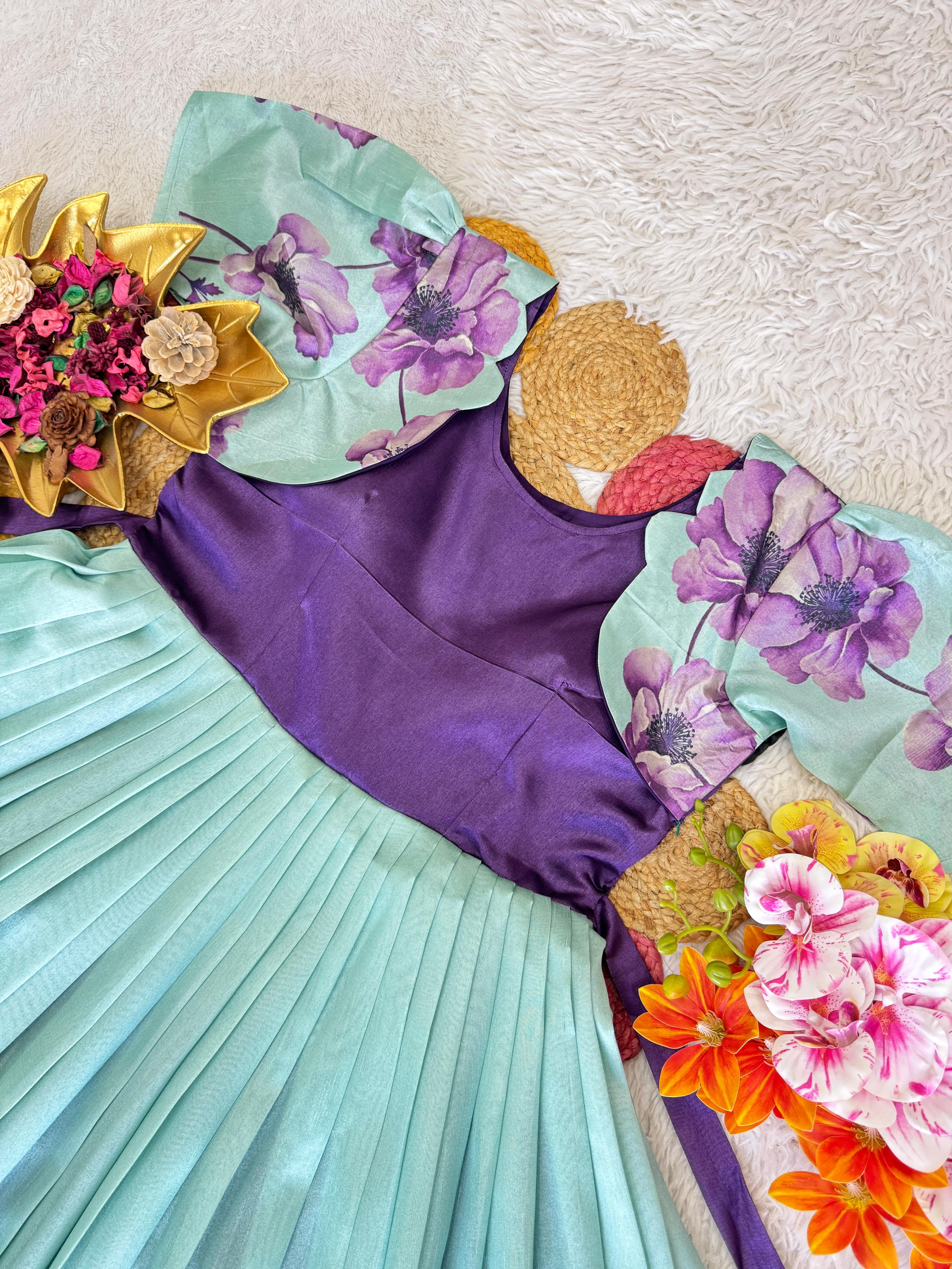 Sky blue with purple floral patterns 