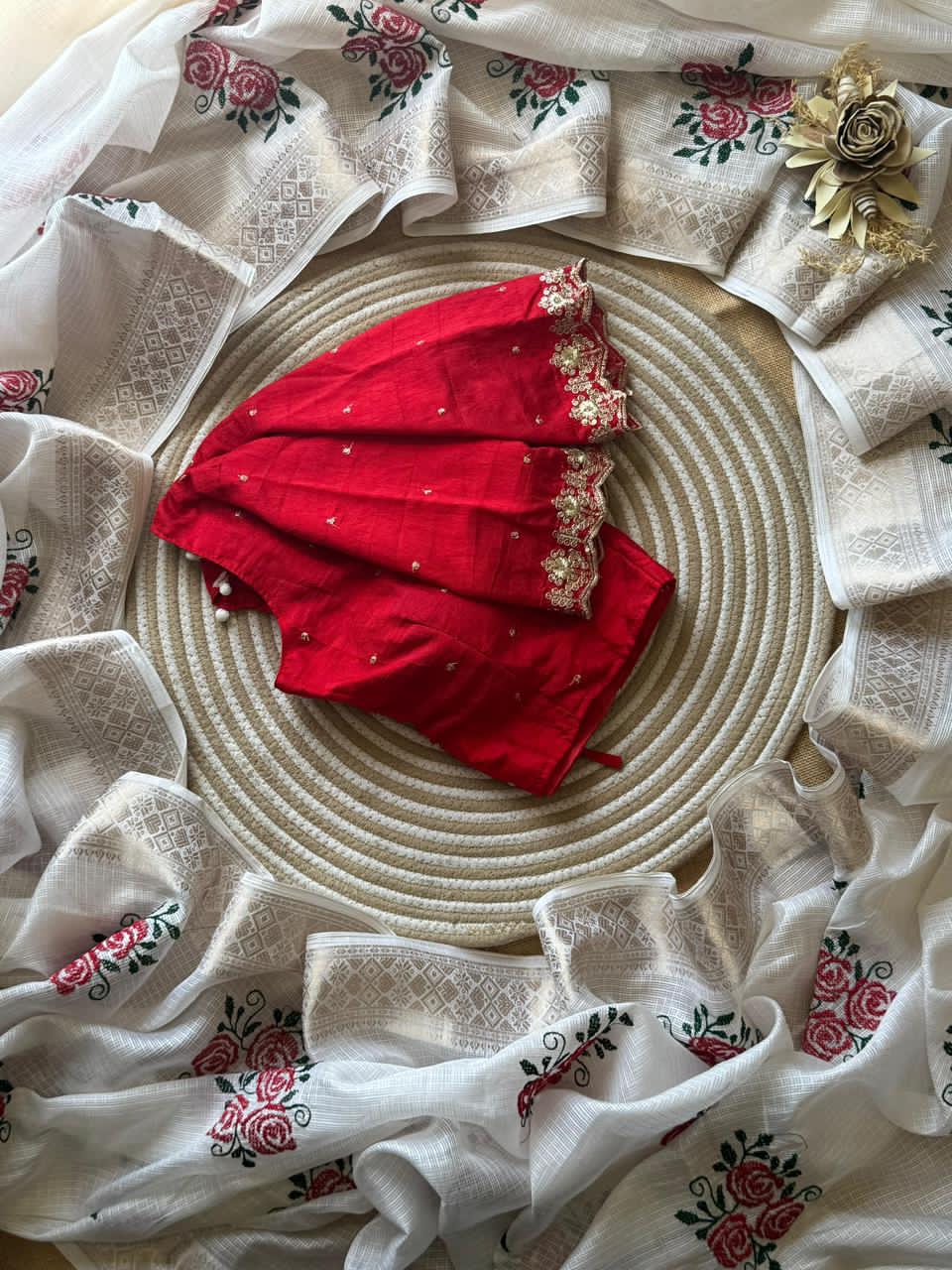 White saree with Red blouse 