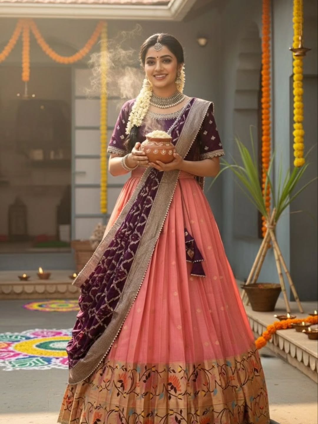Woman in peach traditional Indian attire holding a pot, with festive decorations in the background