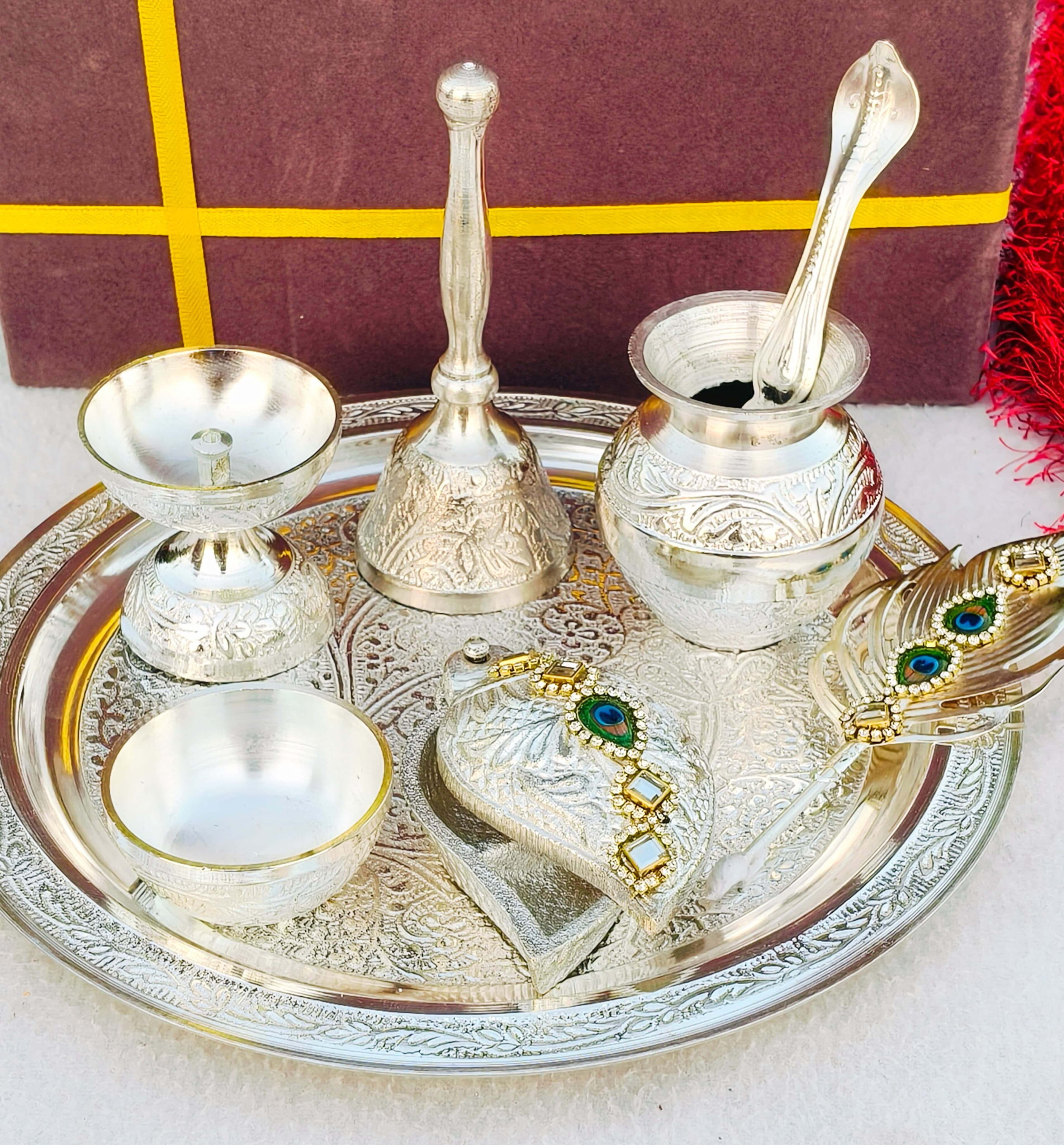 German silver pooja set with velvet box