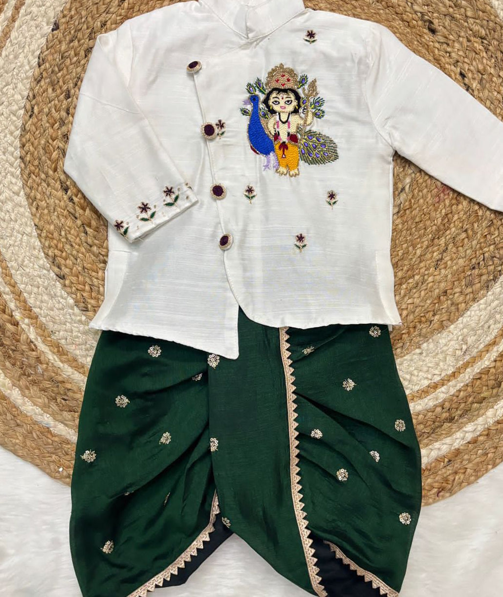 White and bottle Green dhoti set 