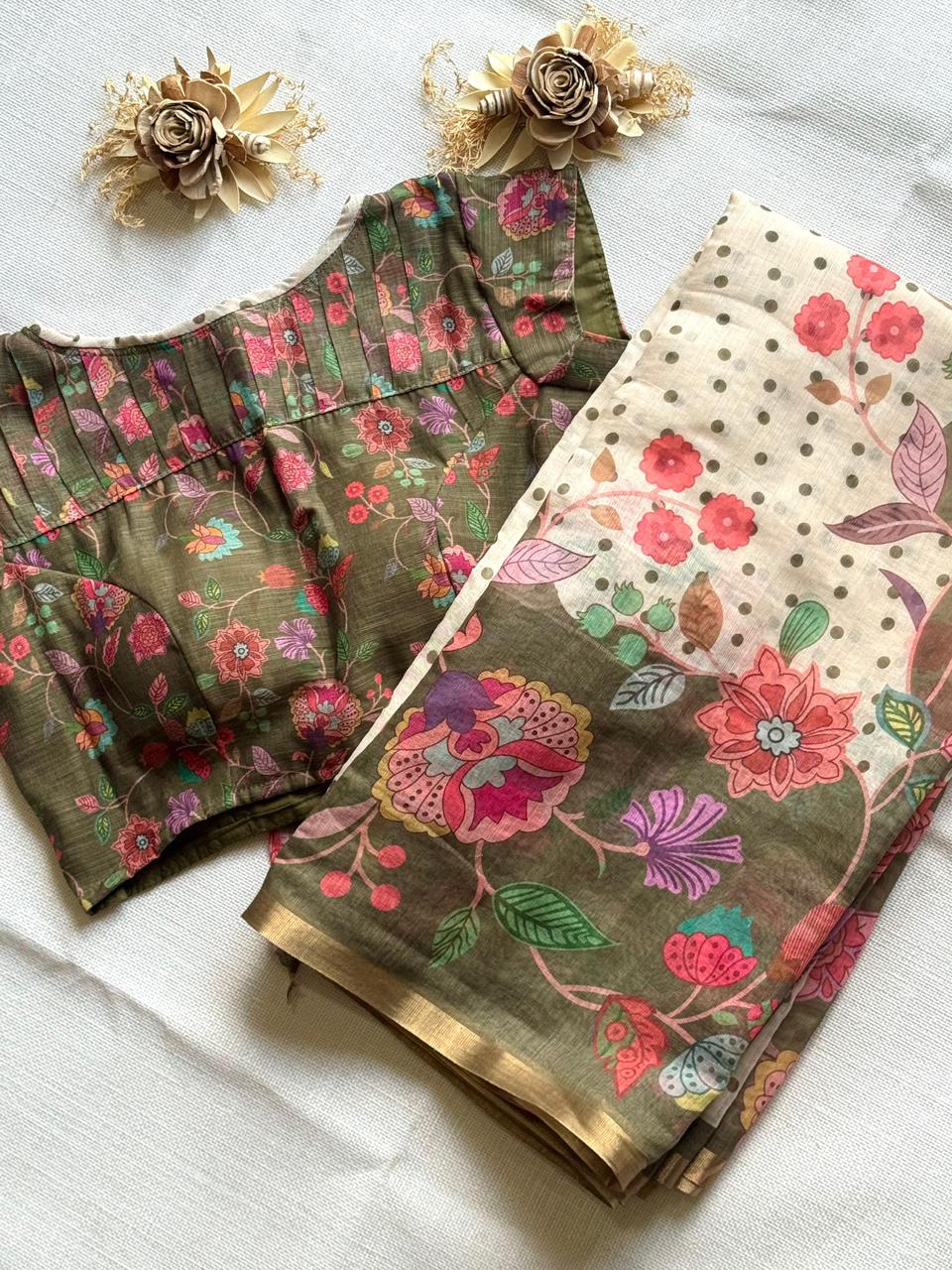 Green Linen digital print saree with matching stitched blouse