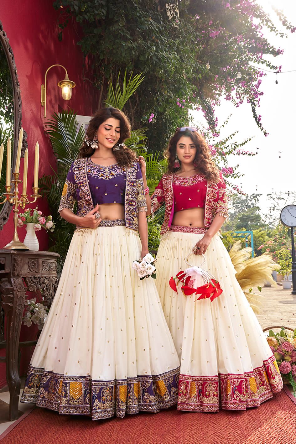 traditional outfits with white skirts and purple ,pink tops
