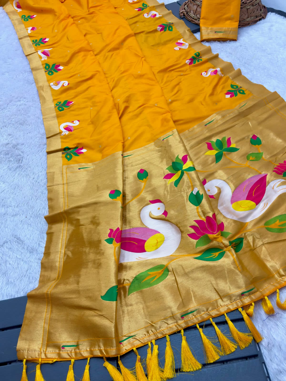 Yellow fabric with gold border 