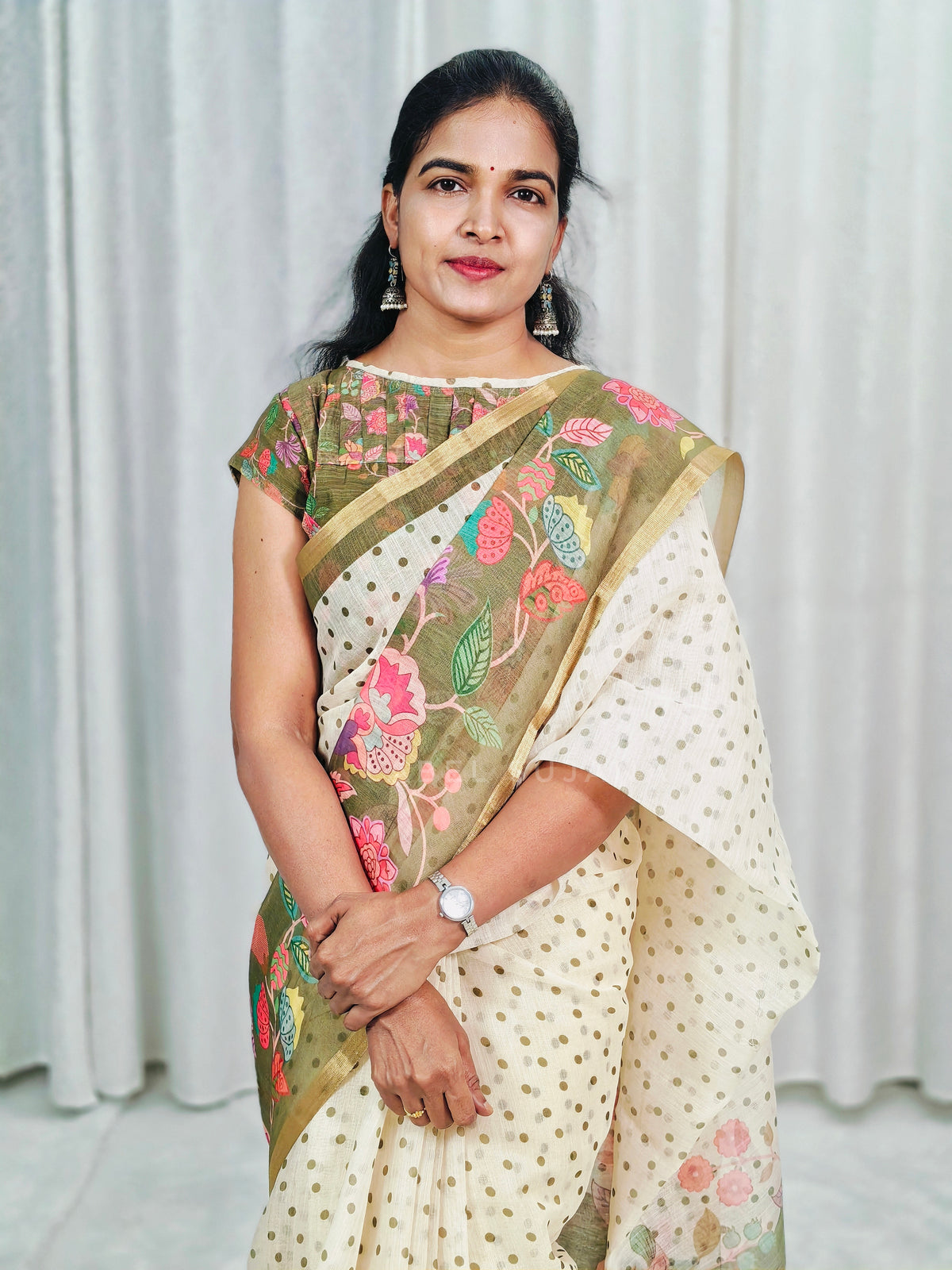 Green Linen digital print saree with matching stitched blouse