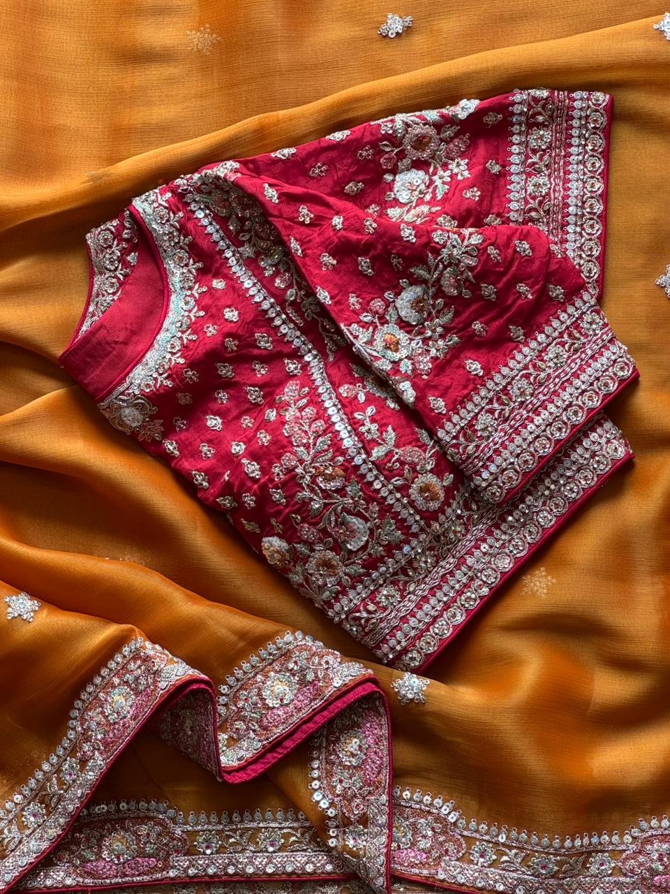 Mustard Yellow fabric with Red blouse 