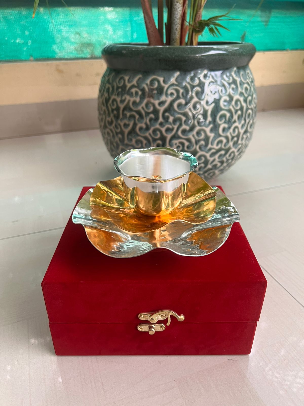 German silver golden finished diya