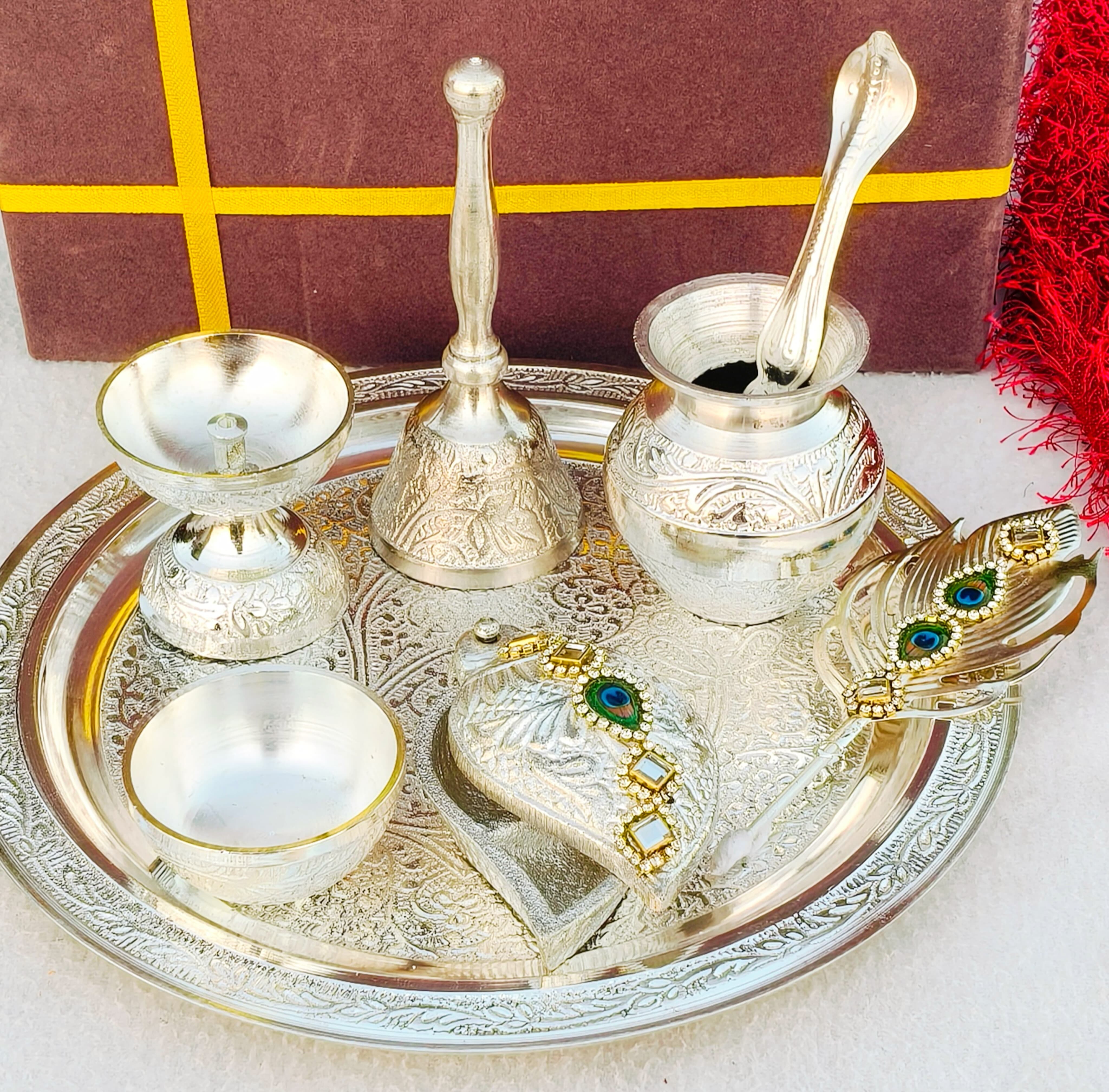 German silver pooja set with velvet box