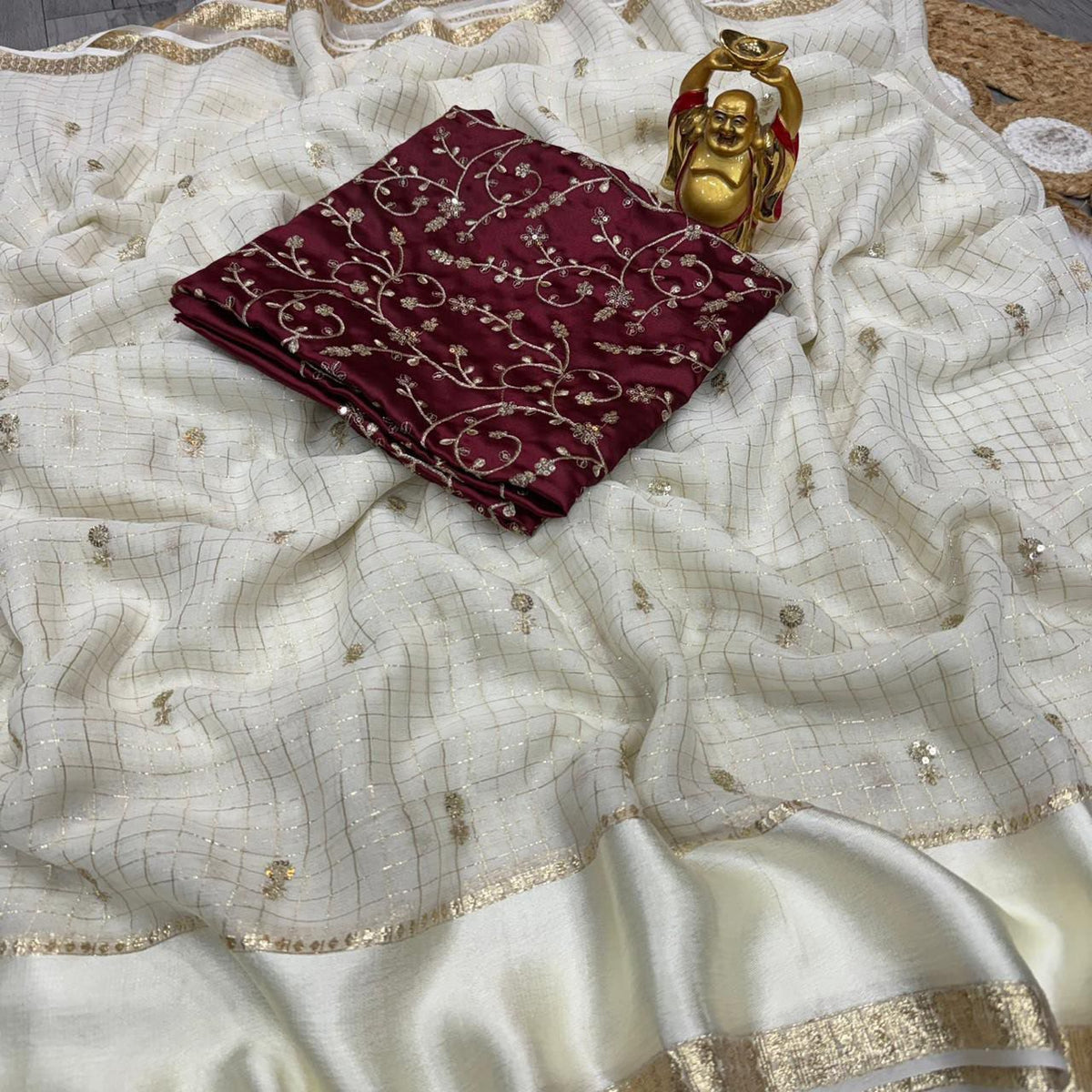 Cream colour Viscose georgette saree