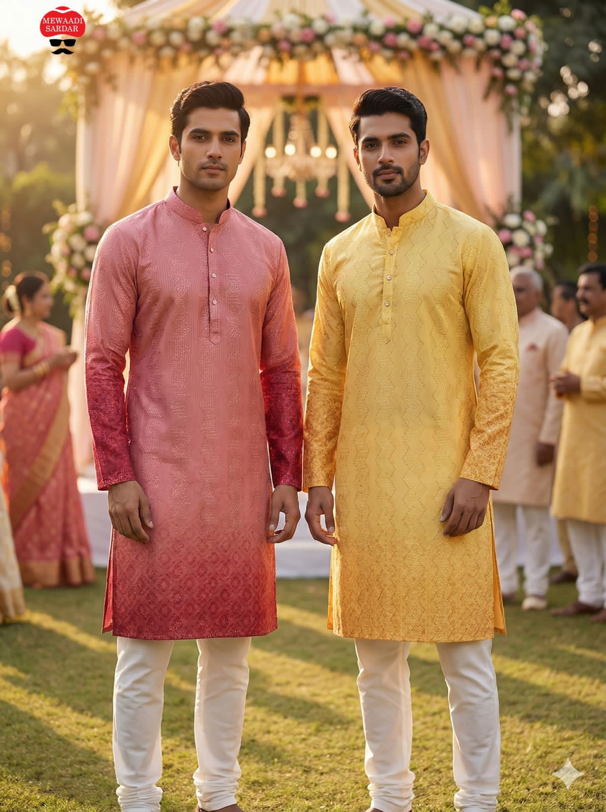 Two men in pink, yellow traditional kurta outfits standing outdoors with a decorated canopy in the background.