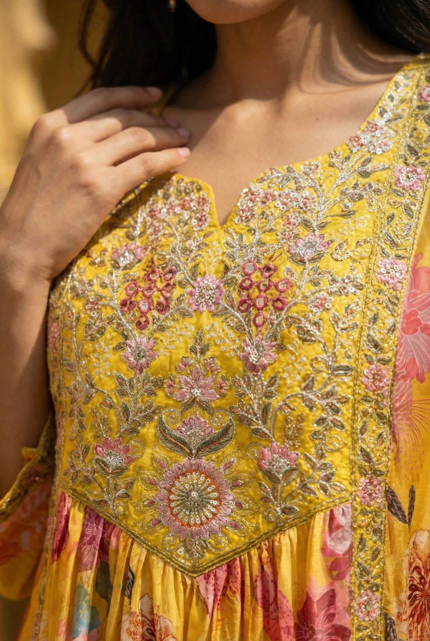 Close-up of a yellow embroidered traditional outfit with  floral patterns.
