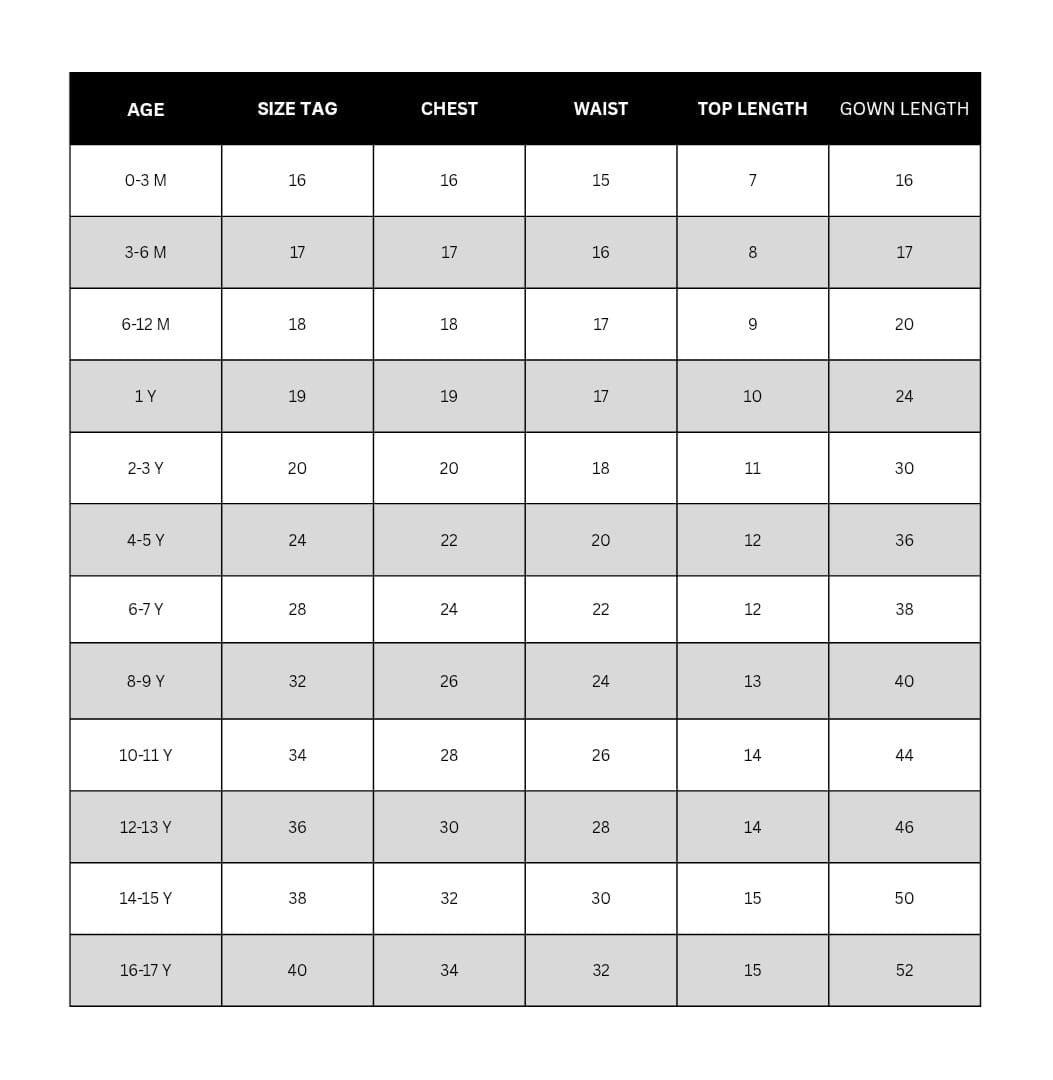 Orange, purple and red Size chart for children's clothing with age, size tag, chest, waist, top length, and gown length measurements.