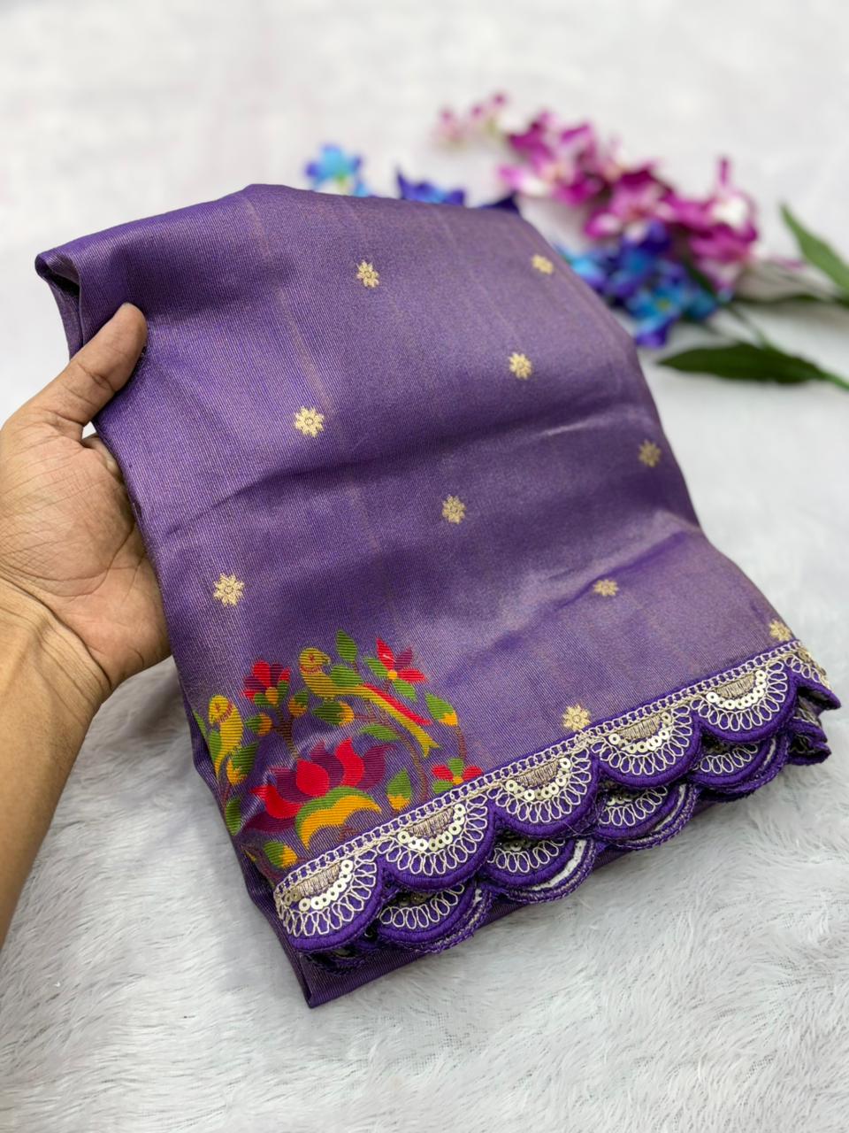 Lavender saree with floral patterns 