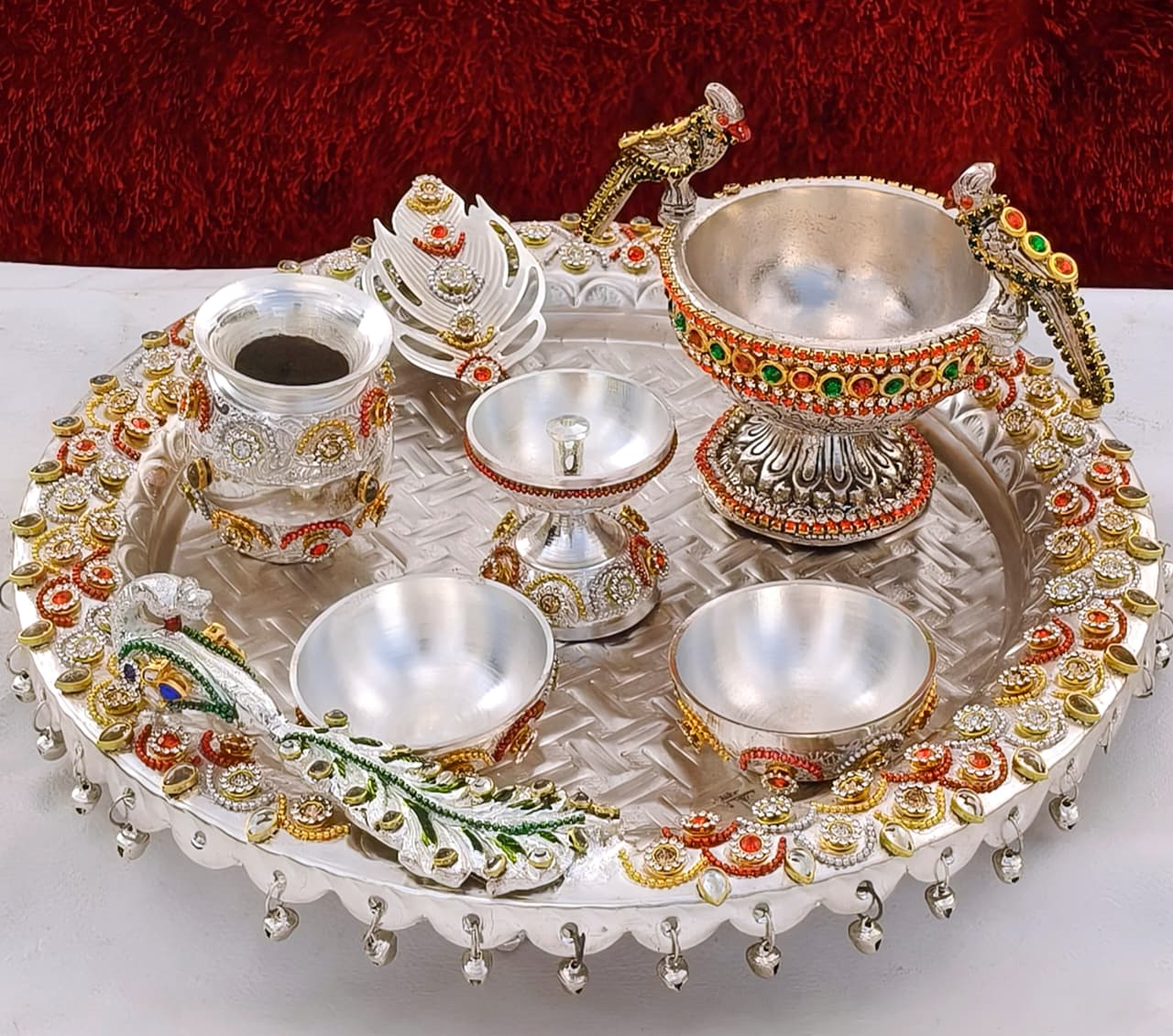 German silver peacock ghungaru pooja thali set