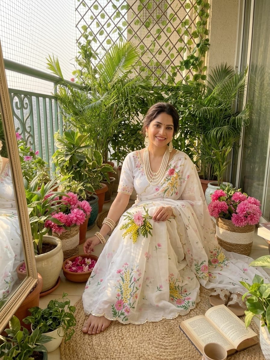 Woman in a white floral dress sitting on a balcony with plants and flowers.