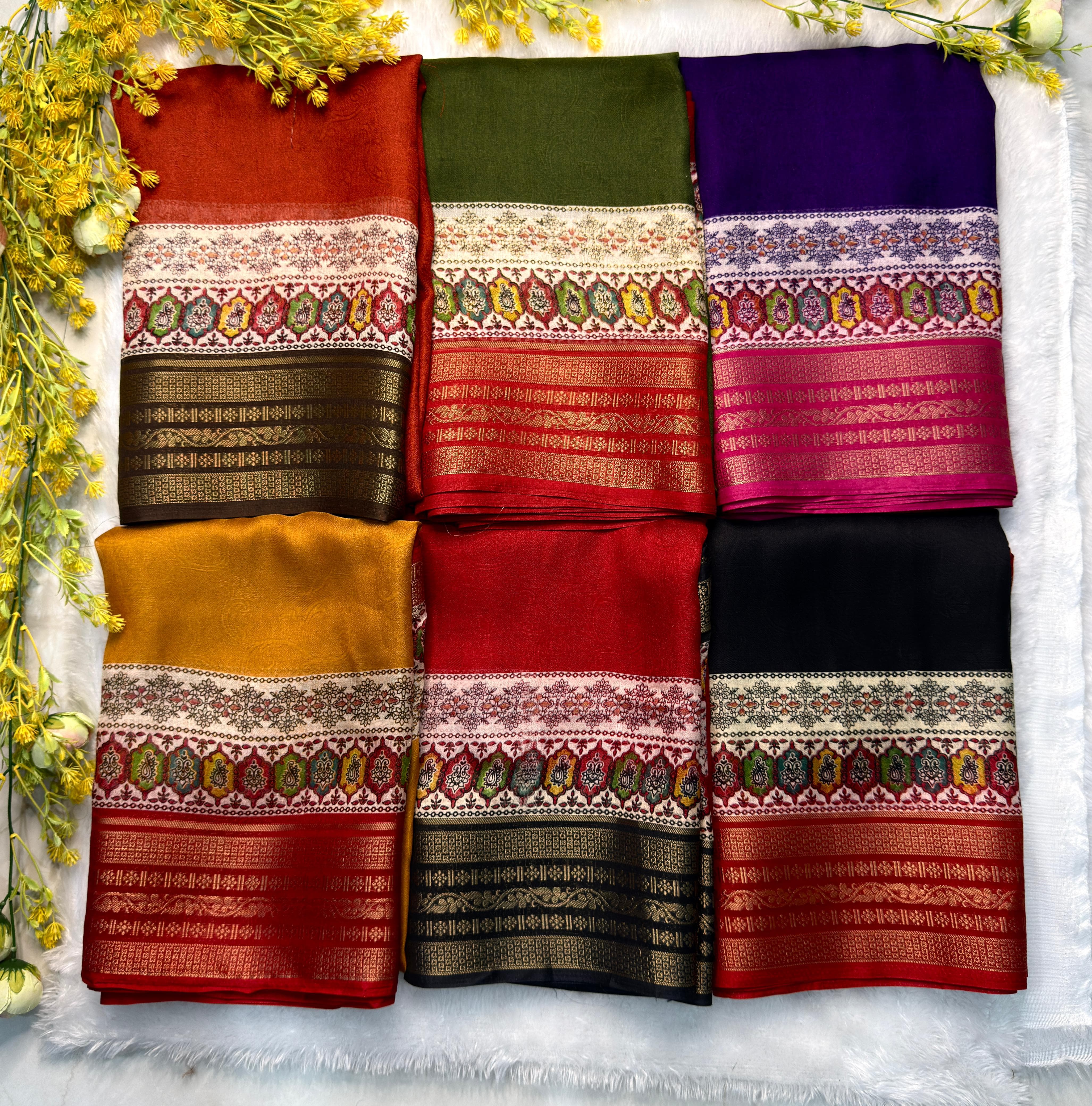 Rust Orange, Olive Green, Purple, Mustard Yellow, Red, Black 