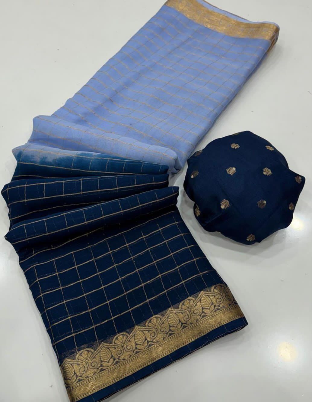 Sky Blue & Navy blue saree with gold border 