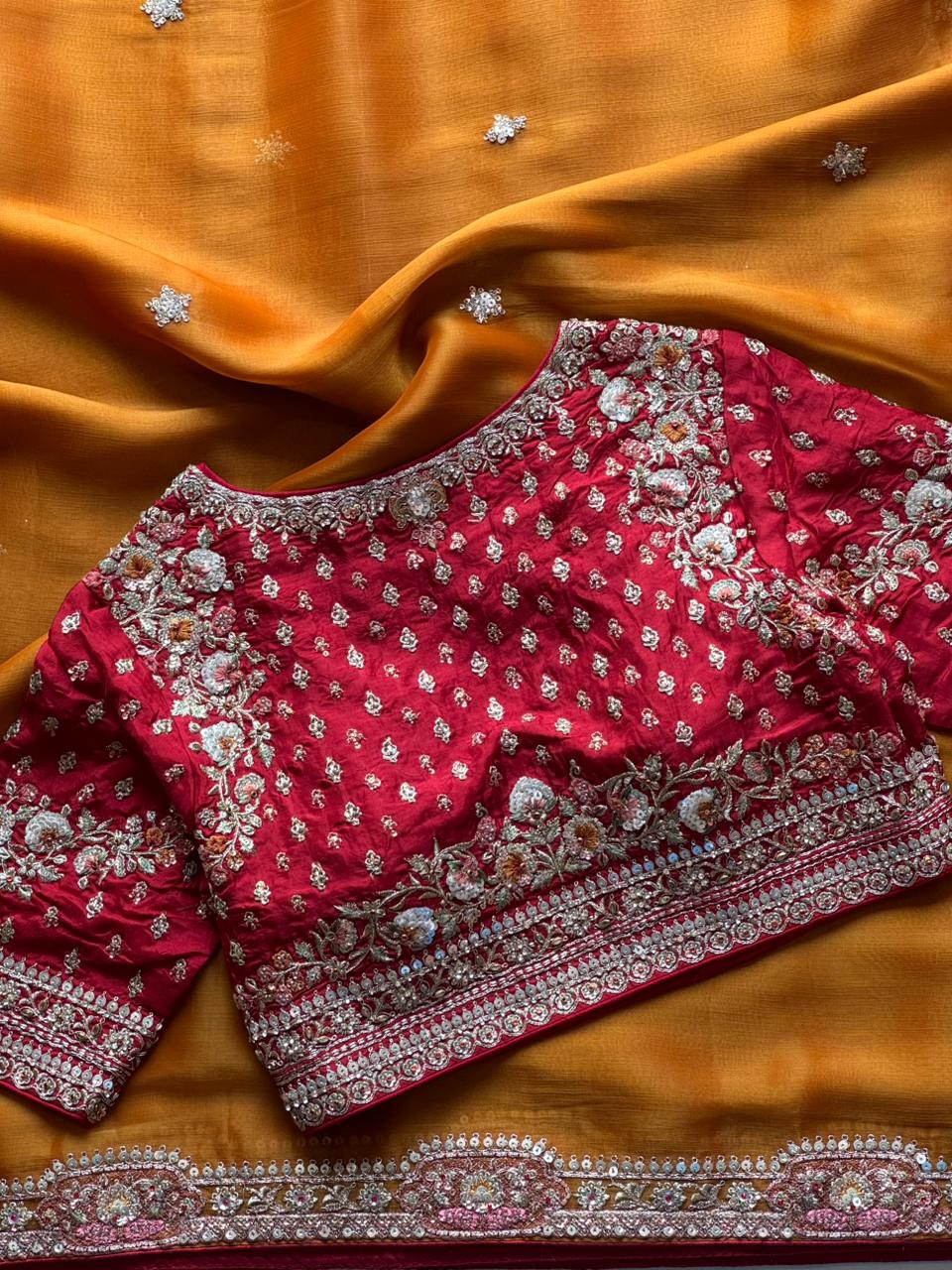 Mustard Yellow fabric with Red blouse 