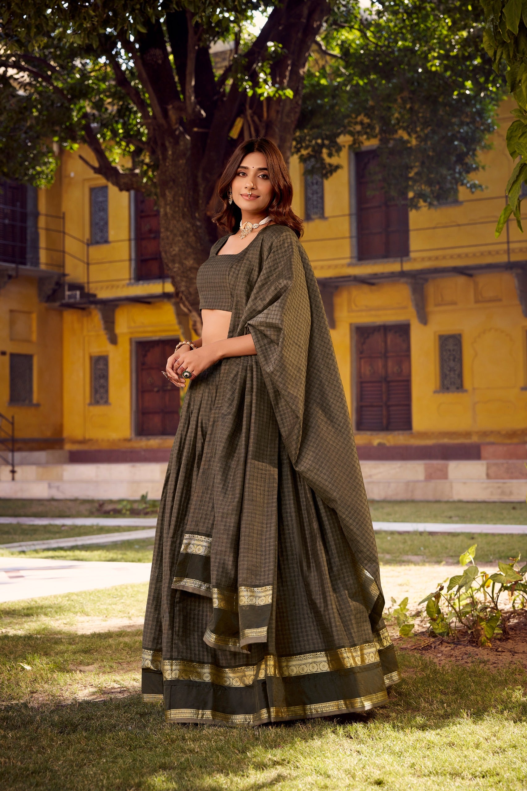 Gray lehanga with gold border 