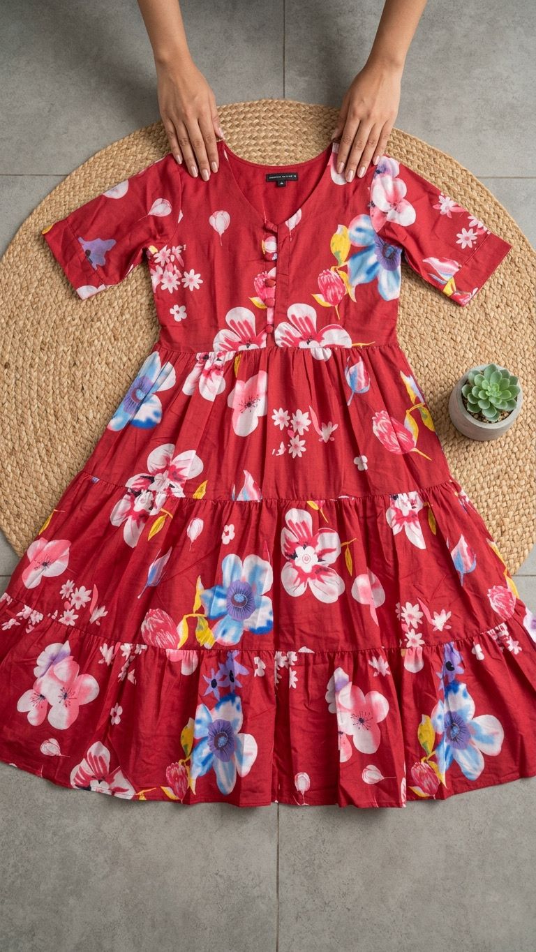 Red frock with some floral patterns 